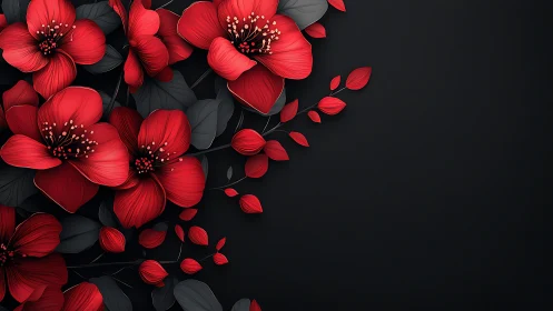 Vibrant Red Flowers Cascade Against Black Background.