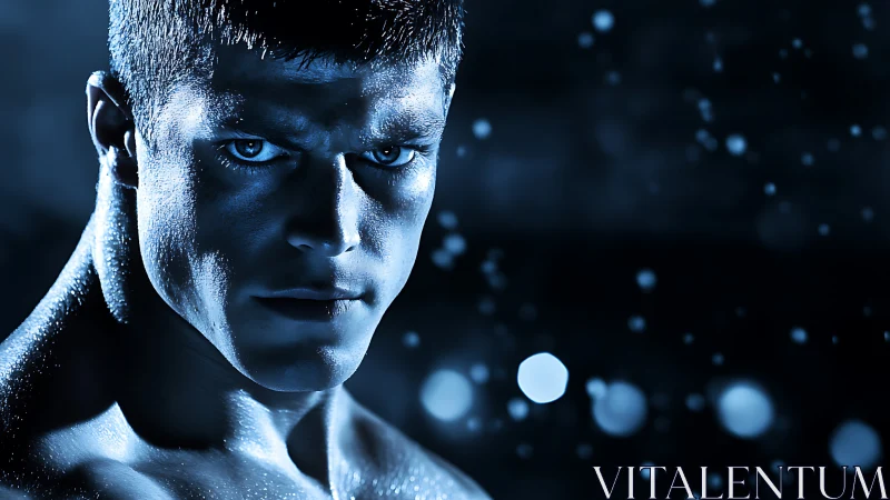 Intense blue-lit male portrait conveys raw athletic power.