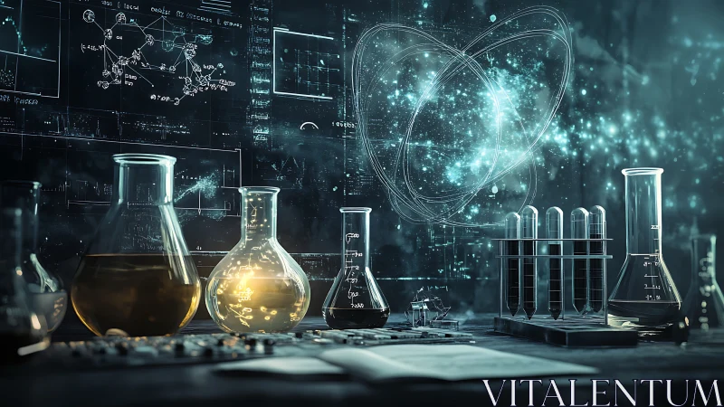 Quantum lab glassware beneath luminous atomic schematics.
