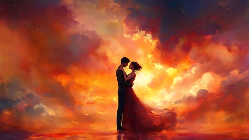 Couple Dancing in Fiery Sky Landscape.