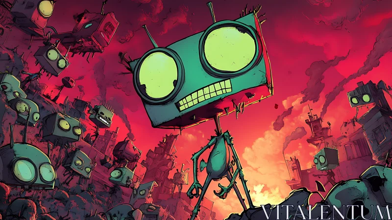 Comic dystopian robot horde in tilted urban apocalypse scene.