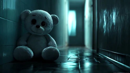 Stuffed bear sits alone in dim, reflective corridor