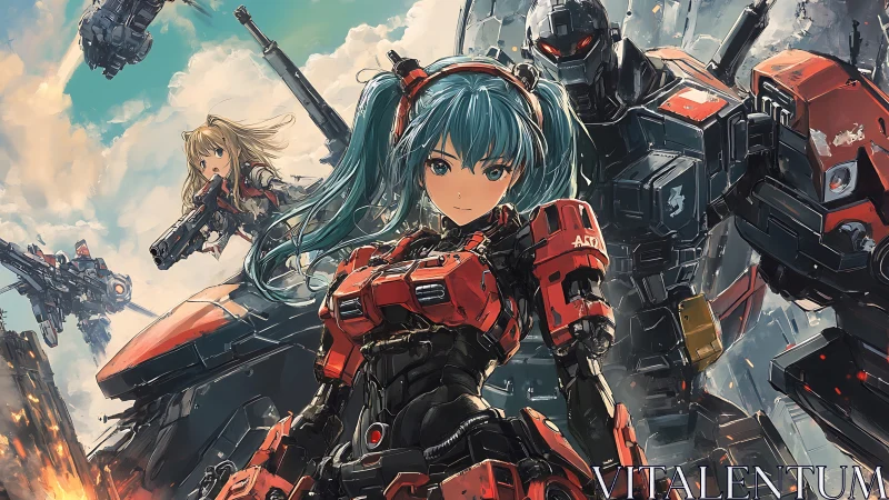Armored anime pilot leading red mechs in aerial battle.