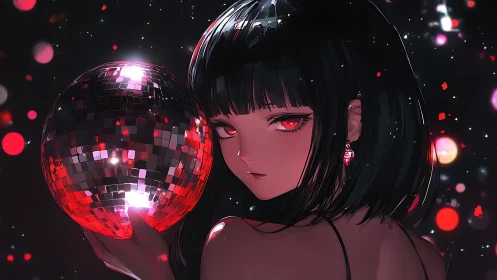 Dark haired anime girl holding red disco ball at night.