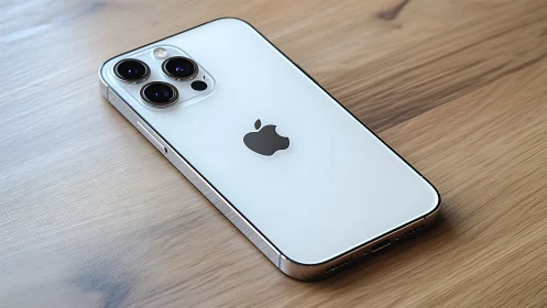 Silver iPhone 12 Pro Max with quad camera system on wooden surface.