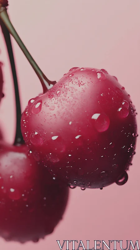 Juicy red cherries glisten softly against a gentle pink glow