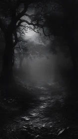 Moonlit forest trail under dense fog and twisted trees.