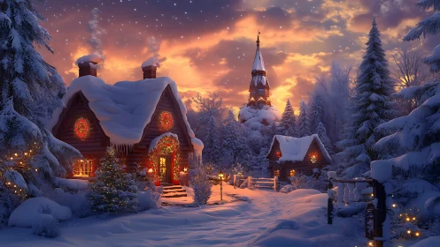 Snowy Christmas village glows under a golden winter sunset.