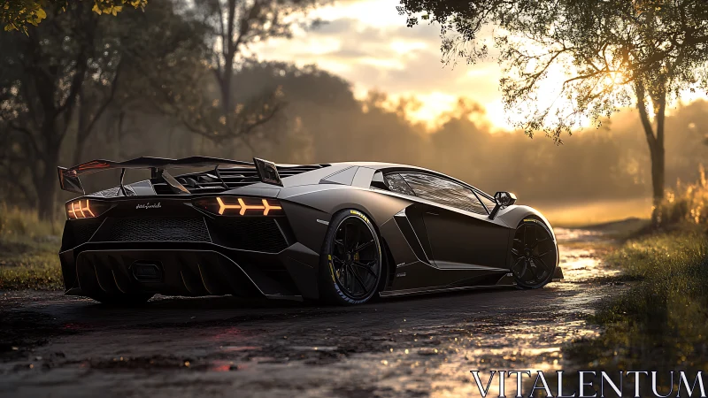 Sunlit supercar resting on a quiet, misty country lane.