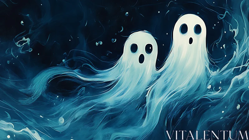 Two translucent ghosts drift in swirling blue mist.