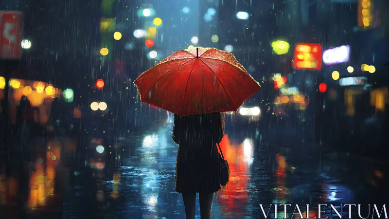 Solitary figure holds red umbrella under neon city rain
