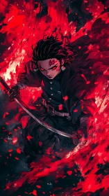 Sword-wielding anime warrior surrounded by red flames.