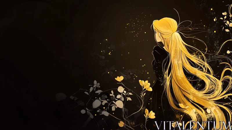 Girl with flowing golden hair stands in dark floral glow