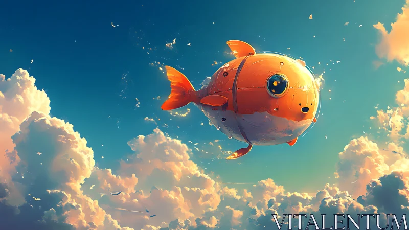 Spherical orange airship fish with riveted panels traverses clouds