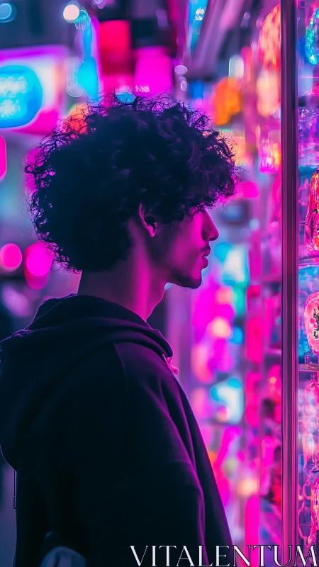 Neon arcade reflections with contemplative urban silhouette.