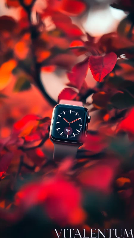 Smartwatch rests among vivid red autumn foliage