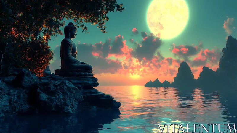 Buddha statue on rocky shore under large moon at dusk.
