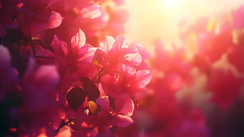 Pink flowers photographed with selective focus and warm backlighting.