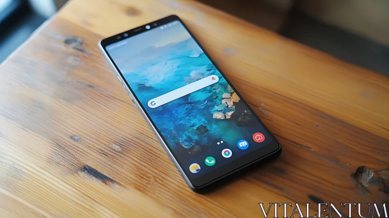 Android smartphone with curved display and dock icons on natural wooden surface