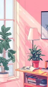 Sunlit pink studio corner with plants and open book interior.