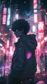 Mystical city wanderer glowing softly in neon night haze.