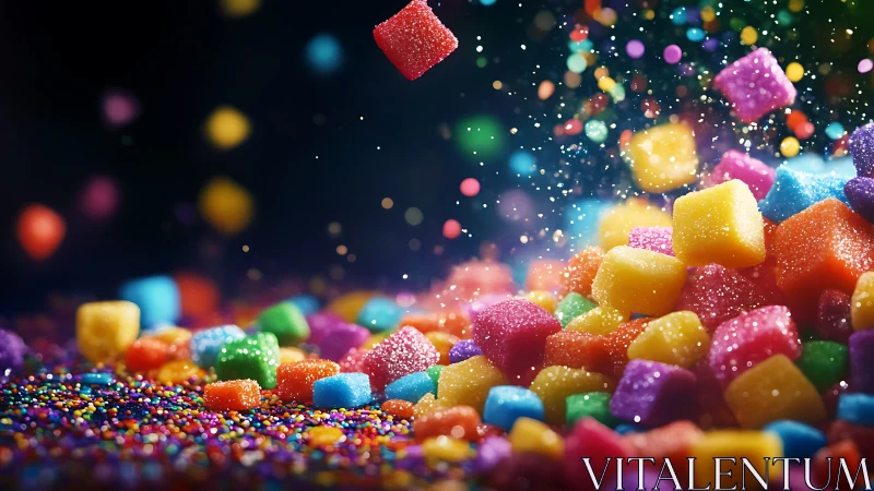 Colorful Gummy Candies Bursting with Sparkles on Dark Background.