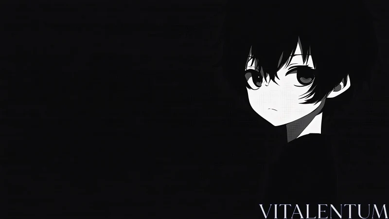 Monochrome anime boy gazes into deep negative space.