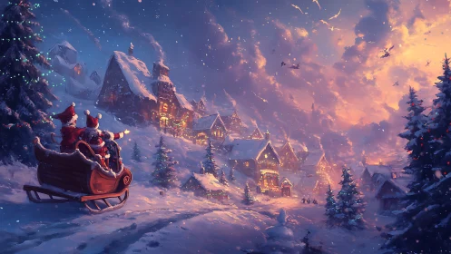 Snowy Christmas village with sleigh arriving at dusk.