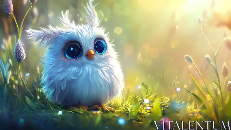 Adorable Fluffy Baby Owl in Dreamy Sunlit Meadow, Digital Art.