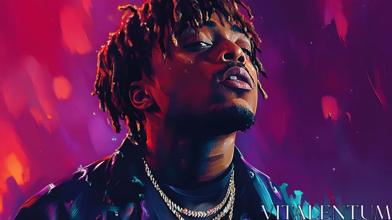 Electric neon portrait of confident rapper in bold colors.