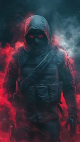 Shadowed rogue in crimson mist, cloaked in neon mystery.