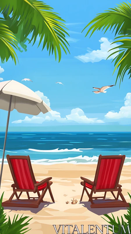 Sunny seaside escape with inviting red beach chairs.
