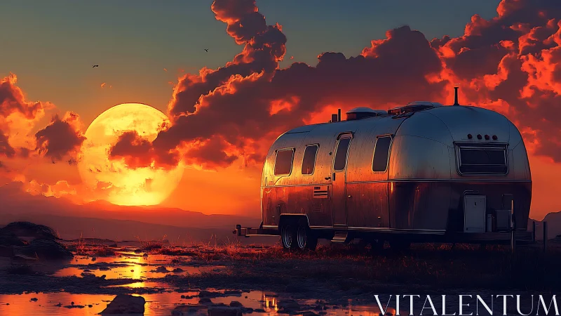 Cozy silver camper resting under a fiery moonrise sky.