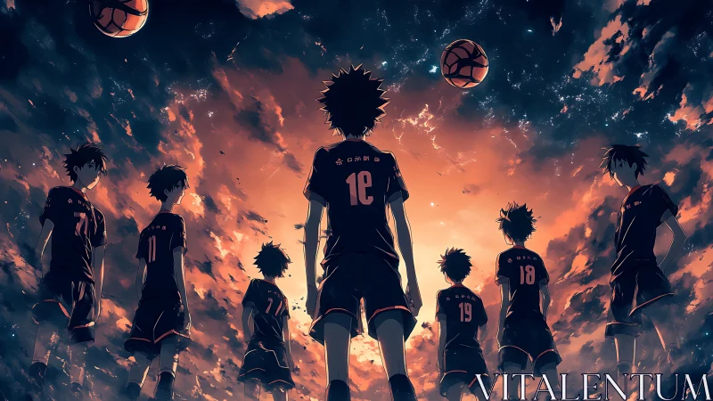 Volleyball team stands united beneath a blazing twilight sky.