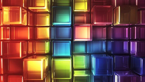 Prismatic glass cubes drift in a luminous rainbow gridscape