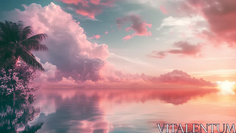 Dreamy tropical shoreline glows under a soft pastel sunset