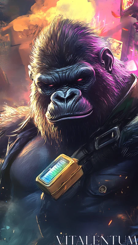 Cybernetic gorilla portrait under neon volumetric glow.