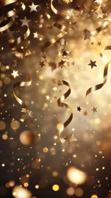 Golden confetti ribbons and starlight shimmer in celebration.