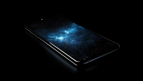 Photorealistic smartphone render with cosmic OLED display.