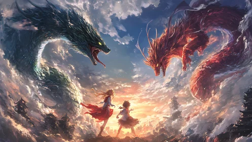 Celestial duel between twin dragons and young warriors at dusk.