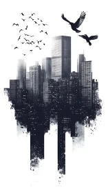 Urban skyline mirrored with soaring birds in monochrome ink.
