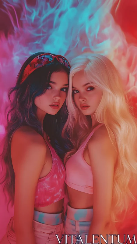Two stylized girls in neon pink and blue color flames.