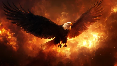 Majestic Bald Eagle Soaring Through Fiery Skies in Dramatic Art.
