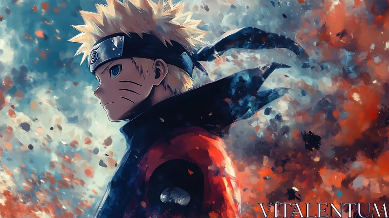 Storm-lit ninja strides through swirling ember sky.