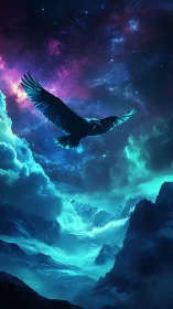 Stellar raptor soaring above neon glacial mountainscape.