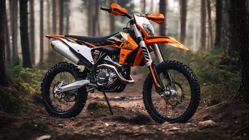 Orange off-road motocross motorcycle parked on forest trail