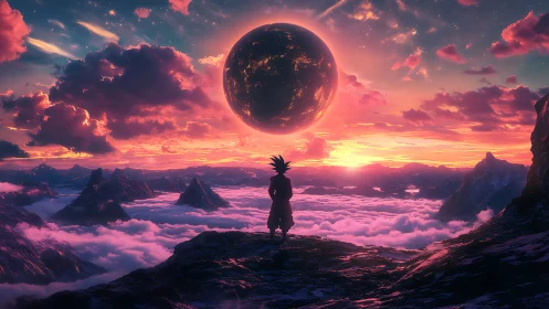 Lone anime hero gazes at burning planet over neon clouds