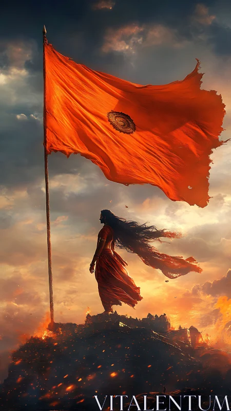 Woman in red stands beneath large orange flag at sunset