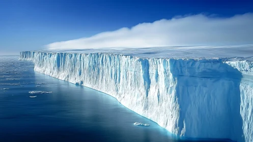 Ice shelf vertical face meets open polar ocean under clear sky
