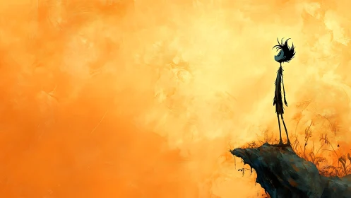 Solitary figure on cliff edge under luminous orange sky.